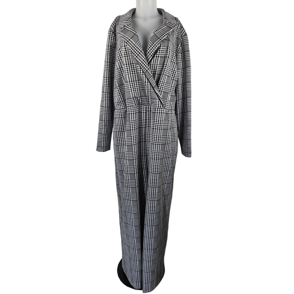 Eloquii Black White Gingham Pattern Front Pockets Wide Leg Jumpsuit 24
